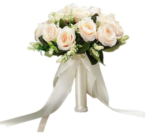 Xiyocadt Brautstrauss Hochzeit,Künstliche Rosen Blumen,Realistische Seidenrosen Rose,Weiße Perlen Brautstrauss,Hochzeit Blumenstrauß, für Kirche, Heimdekoration,Party Dekoration (Champagner)
