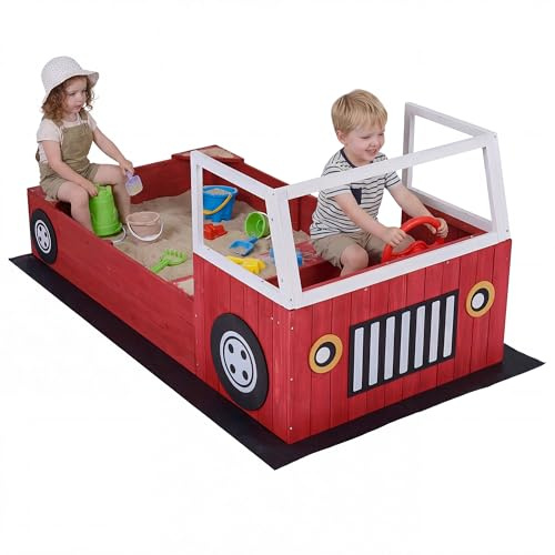HOMASIS Bac a Sable Enfant Exterieur avec Banc et Volant, Aire de Jeux Montessori en Bois sans Fond pour Jardin, Plage, Cour, 80 x 156 x 70 cm 18+ Mois (Camion de Pompiers)