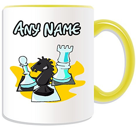 UNIGIFT Taza de ajedrez personalizada (tema de diseño deportivo y pasatiempo, opciones de color) – Cualquier nombre/mensaje en tu único – Tablero de ajedrez King Rook Queen Pawn Knight Bishop Negro