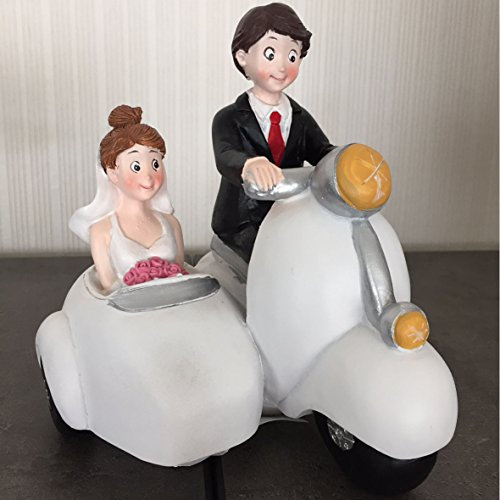 wunderschöne weiße Spardose,Sparbüchse Hochzeitspaar Motorrad mit Beiwagen