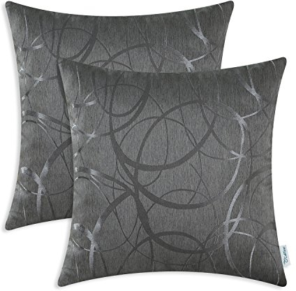 CaliTime Kissenbezüge Kissenhülle Packung mit 2 Schalen für Couch Sofa Heimdekoration modern glänzend und matt Kontrast Kreise Ringe geometrisch 45cm x 45cm grau