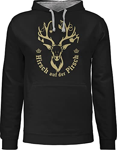 Pullover Herren Frauen Hoodie Kontrast zweifarbig - Skiurlaub Apres Ski - Hirsch auf der Pirsch - XL - Schwarz/Grau meliert - Saufen Pulli Skifahren Sauf Hoody skioutfit hirsche pullis apreski
