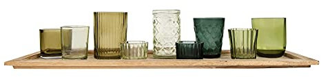 Creative Co-Op Round Glass Votive Holders on Wood Tray, Green, Set of 9 Juego de 9 portavelas Redondos de Cristal en Bandeja de Madera, Color Verde, 2.5 Inches