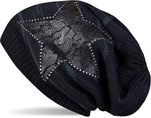 styleBREAKER Strick Beanie Mütze mit Vintage Stern Print und Strass Rand, Strickmütze mit Streifen Muster, Unisex 04024083, Farbe:Midnight-Blue/Anthrazit