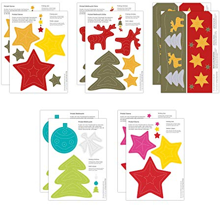 Familienmomente 10 Bastelbogen zum Prickeln für Kinder ab 3 Jahre Weihnachten (2x 5 Sterne, 2x Baum/Elche, 2x 3 Sterne, 2x Baum/Engel, 2x Weihnachts-Windlichter) DIN A5
