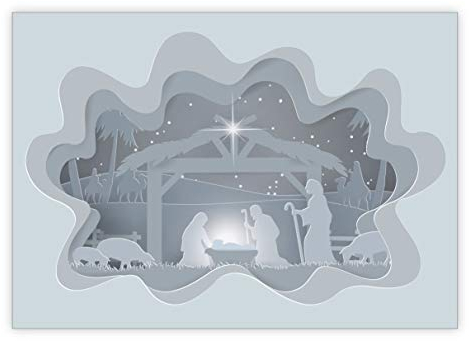 4 Stück Moderne Weihnachtskarte mit Krippe in Papercut Optik mit Christkind in grau • weihnachtliches weihnachtliches Grußkarten Set mit Umschläge zum Fest der Liebe für Familie und Freunde
