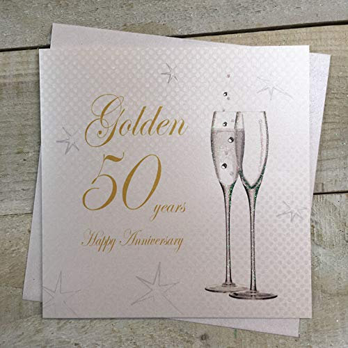 50th Golden Wedding Anniversary Handmade Card - Champagne Flutes - by WHITE COTTON CARDS BD150