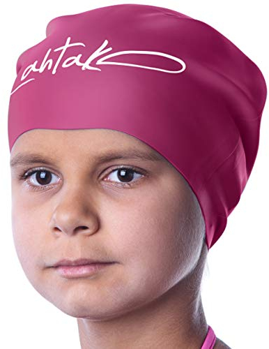 Badekappe für Kinder mit Langen Haaren - Komfort-Silikon Badehaube für Mädchen & Jungen mit Zöpfen, Locken & Dreadlocks - Lockerer Sitz, schont Kopf & hält Haare meist trocken (Wine, XS)