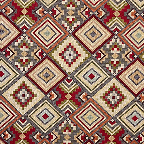 Kt KILOtela - Polsterstoff, Möbelstoff, Jacquard Gobelin, Dekostoff, Modische Accessoires, Tischdecke, Vorhang, 100 cm Länge x 280 cm Breite, Ethnische Rauten, Granat, Blau, Orange - 1 Meter