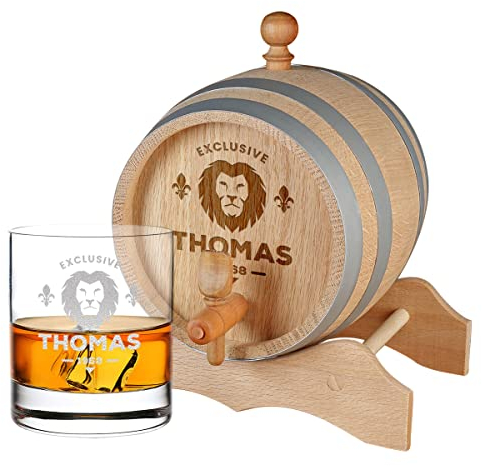 polar-effekt 2-TLG Whisky-Set mit Gravur - 1 Liter Eichen-Fass inkl. Zapfhahn und 1 Whiskyglas - Tumbler Geschenkidee Whiskey, Weinfass - Männergeschenk - für echte Genießer - Motiv Löwe