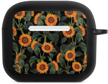 Hülle mit Karabiner kompatibel mit Apple AirPods (3. Generation) Case schwarz Schutzhülle mit Schlüsselanhänger Sonnenblume Gelb Blumen