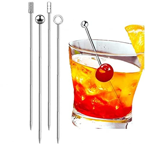 ST4U Cocktail Picks 4pcs Edelstahl Zahnstocher Obststangen Martini Olive Spieß Wiederverwendbares Metallgetränksspieße Garnieren Stöcke, Silber-, 4.33 inch