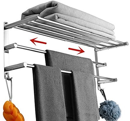 Acier Inoxydable Porte-Serviettes de Salle de Bain ,Rétractable Barres Porte-Serviettes Mural, Adhésif Niveaux sans perçage,pour Cuisine, Hôtel (Porte - Serviettes 3 étages)