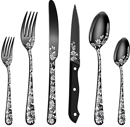 Irishom 48-teiliges Besteck Set mit Steakmesser für 8 Personen Edelstahl Geschirrset mit Blumenmuster Inkl.Messer Gabel Löffel für Haus Party Restaurant