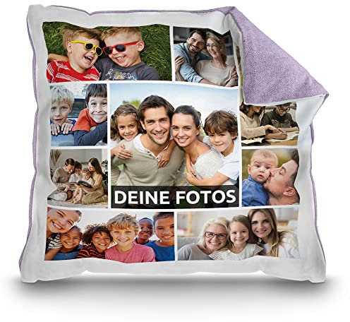 PR Print Royal Kissen mit Fotocollage selbst gestalten - mit 10 Fotos Personalisieren - Geschenk für Freunde und Familie | Rückseite Pastell-Flieder, inkl. Kissenfüllung, 40x40cm