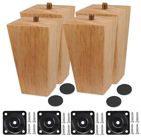 Wkmamo 4 Stück Möbelfüße Holz Möbelbeine 10cm, Massivholz Beine Aus Eiche mit Montageplatten, Schrauben und Filzgleiter,für Sofa Bett Schrank Couch Stuhl (10cm-2, Gerade)