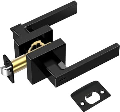Almevix Manija o Manilla de puerta resistente, Cerradura de puerta Níquel Satinado, Palanca de puerta cuadrada reversible para dormitorio, baño y habitaciones. Tirador (Manilla/Con Seguro, Negro)