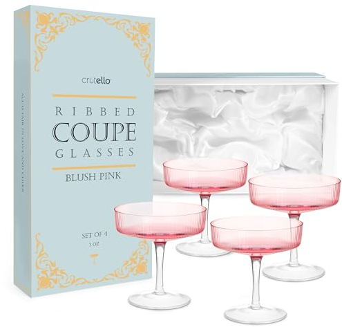 Crutello Champagne Coupe Glasses Set of 4, Pink 7oz Vintage Cocktail Glass, Ribbed Fluted Glassware for Champagne, Martini, Manhattan, Cosmopolitan, Spritz & Frozen Drinks