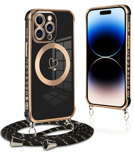 Pnakqil Handykette für iPhone 14 Pro Hülle mit Band, Kompatibel mit MagSafe, Handyhülle Ultra Dünn Silikon Magnetisch mit Herz Love Muster Schutzhülle mit Kordel für iPhone 14Pro 6.1 Zoll, Schwarz