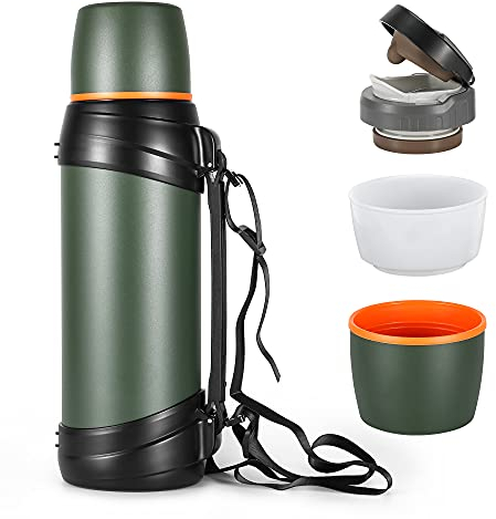 Olerd Grande flasque – Bouteille isotherme en acier inoxydable de 2 l pour voyage avec tasse sans BPA – Bouteille sous vide surdimensionnée