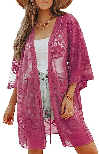 Bsubseach Kimonos for Women Bathing Suit Cover Up Sheer Summer Cardigans Swimsuit Coverup Dusters Beach Top Dark Rose