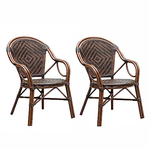 JHKZUDG Set Von 2 Garten -Essstuhl,Outdoor Bistro Rattan Stuhl,Terrasse Stapelstuhl Sessel,Mit Rückenlehne, Armlehne,Für Veranda, Garten, Balkon, Deck