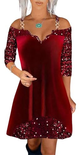 shownicer Weihnachtskleid Damen Elegant Langarm V Ausschnitt Samt Kleid Schulterfrei Sexy Minikleid Pailletten Kleider Herbst Winter Christmas Festkleid A Rot L