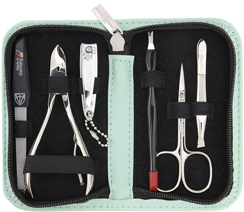 DREI SCHWERTER - Germany 6-tlg. Maniküreset 'Torino' | Nagelpflegeset im Kunstlederetui mint | Inhalt: Hautschere, Nagelknipser, Nagelzange, Pinzette, Saphirnagelfeile, Nagelhautentferner