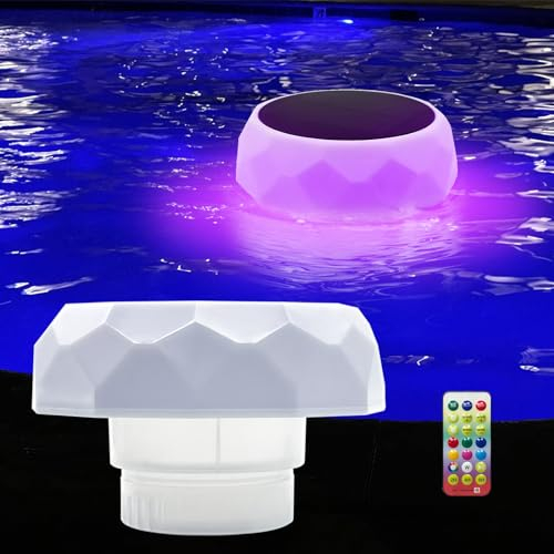 Fisca Paquete de 2 flotadores de cloro para piscina con luces, dispensador solar flotante de cloro/bromo para tableta de 3 pulgadas, luz LED, dispensador de productos químicos de spa antihundimiento