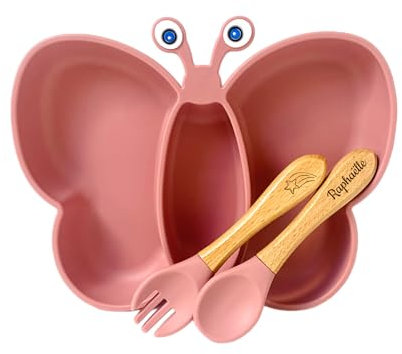 Ensemble repas pour enfant en papillon avec assiette à ventouse, couverts personnalisés - Idéal pour baptême, naissance et anniversaire - Cadeau original pour bébé - Kit coffret diner pratique