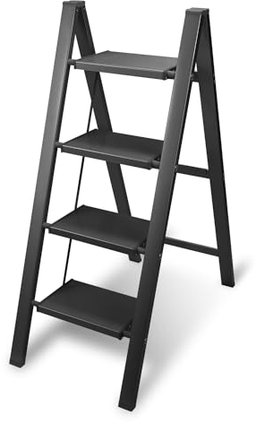 Joparri Aluminium Stufenleiter, 4 Stufen Tritthocker, Aluminium Klapptritt, rutschfeste Stehleiter, klein und kompakt, Belastbar bis 150 kg für Haushalt/Büro/Tragbare Lagerregal(Schwarz)
