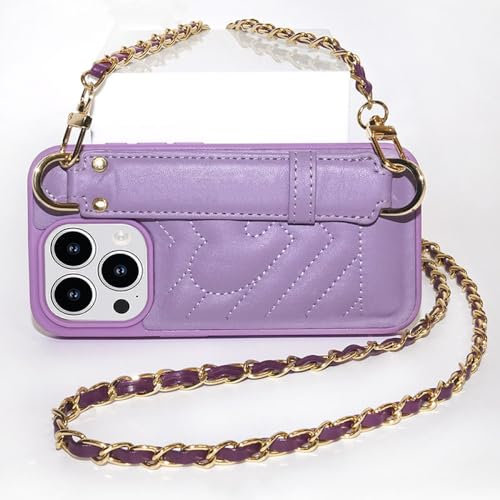 ADKOT Custodie per cellulari con tracolla diagonale in pelle a quadretti di moda di lusso per iPhone 11 12 13 14 15 Pro Max Cover, lilla, per Iphone 15