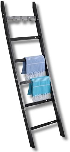 CANYT Escalera de madera para mantas, 62 pulgadas, escalera decorativa para mantas, mantas, edredones, 6 niveles con ganchos, almohadillas antideslizantes, negro, gris, blanco, marrón (negro)