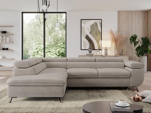 MKS MEBLE Sofa L, Wohnlandschaft L-Form mit Schlaffunktion und Bettkasten, Schlafsofa mit Bettkasten, Ecksofa, Sofa mit Einstellbare Kopfstützen, Pedro L - Beige Velvet - Links