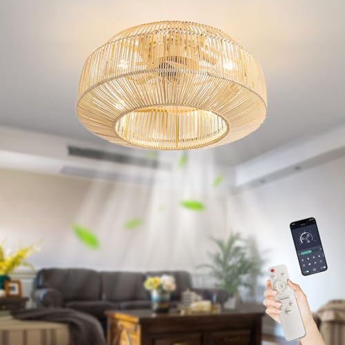 Rattan Ceiling Light Ceiling Fans With Lights And Remote Bamboo Light Fan Light 6-Speed Reversible Motor Ceiling Reversible Ceiling Fans With Lamps Adjustable Wind Speed Bedroom Dining Room(Color:B)