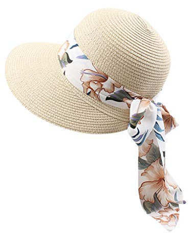 Femme Casquette Visière en Paille Large Bord Chapeau de Soleil Plage Anti-UV Soleil Capeline avec Ruban Florales Eté Sun Hat Sport pour Voyage Vacances Pêche