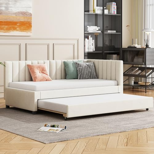 YCYDHDM Polsterbett 90 x 200 cm mit Ausziehbett, Einzelbett Sofabett mit Lattenrost und Rückenlehne, Bettgestell aus Massivholz, für Schlafzimmer und Gästezimmer, Samt-Stoff, Ohne Matratze, Beige