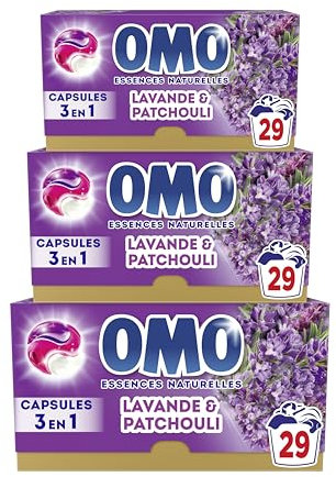 OMO- Lessive liquide en capsules 3 en 1 J'ai rêvé du Sud - 87 lavages - Lavande et Patchouli - propreté éclatante & parfum longue durée aux essences naturelles (lot de 3x29)