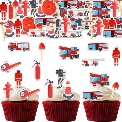 ENLACE Essbare Tortendeko Feuerwehr,80 Stück Essbare Feuerwehrauto für Torte,Feuerwehr Kuchen Deko Essbar,Essbare Feuerwehrmann Cupcake Toppers Geburtstag,Feuerwehrauto Deko Kindergeburtstag