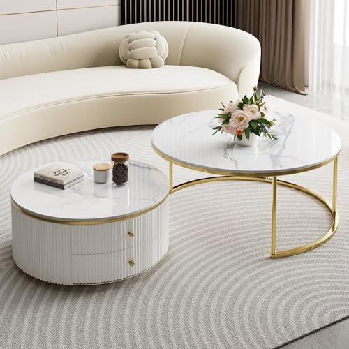 ZL ZELing 90cm Runde Tischplatte aus weißem gesintertem Stein - Ganzjährig, für drinnen und draußen, geeignet für ESS-, Kaffee- und Beistelltische