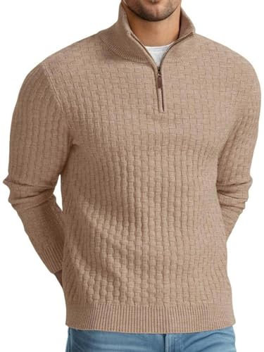 QIXING Troyer - Jersey para hombre con patrón de trenzas y patrón de gofres, suave jersey de punto informal con cremallera 1/4 y bordes acanalados, caqui, L
