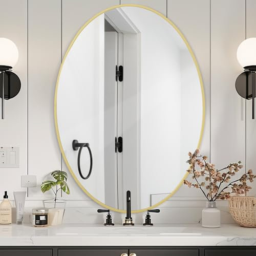 Melodieux Espejo de pared ovalado de 61 x 91 cm, círculo dorado, espejo de pared decorativo para el hogar, espejo de tocador para baño, sala de estar, pasillo