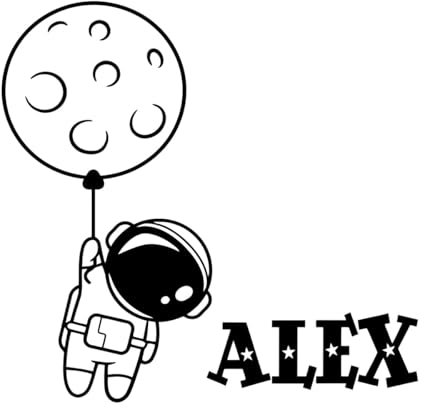 Wandtattoo Astronaut mit Luftballons, Weltraum, individueller Name, Wandsticker für Kinderzimmer, Jungenzimmer, Dekoration, Vinyl-Aufkleber-S-30x31cm-Black