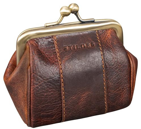 STILORD 'Dolly' Echt-Leder Geldbörse Damen Retro Klein Elegant - Vintage Spangenportemonnaie Leder Münzbörse für Frauen - Kiss-Lock Münzbeutel mit clic-clac Verschluss, Farbe:Kara - Cognac
