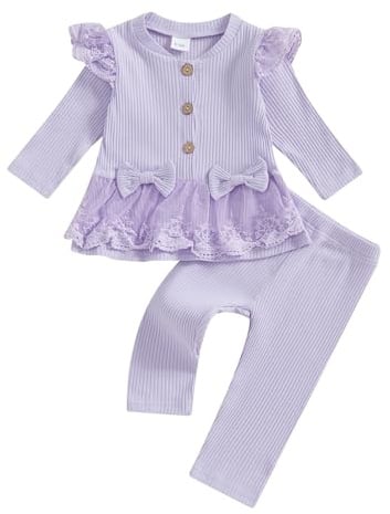 Geagodelia Toddler Baby Girl Fall Winter Outfits Ruffled Long Sleeve Lace/Striped/Polka Dot Print Sweatshirt Ribbed Shirts Top with Long Pants 2Pcs Clothing Set for Little Girls