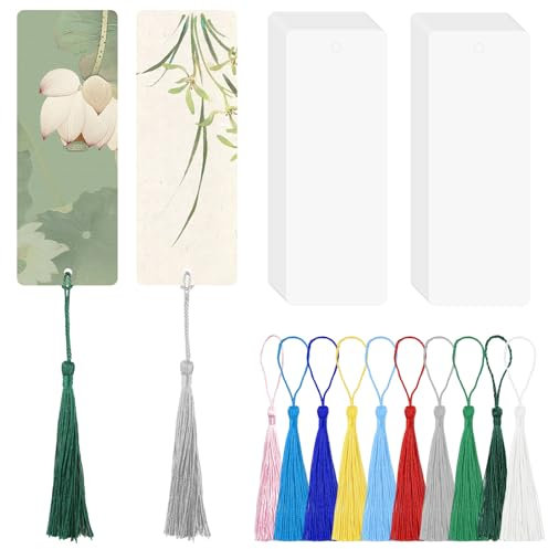 Kapokr 100 Stück Lesezeichen Blanko mit 100 Bunten Quasten, 14,8 x 5 cm Leeres Lesezeichen für DIY-Geschenkanhänger, Hochzeitsanhänger, Kleidungsanhänger