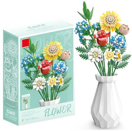 Flowers Bouquet Building Blocks Set with Vase, Creative Flower Botanical Collection Building Toys Home Office Creative Decoration, Valentine Day, Birthday, Christmas for Her, Adults (600 PCS)