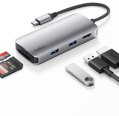 Belkin USB-C Hub, 5-in-1 Multiport Adapter, USB-C Docking Station with 4K HDMI, 2 USB-A Ports, SD Card Slot and MicroSD Card Slot for MacBook Pro, Air, iPad Pro, XPS and More