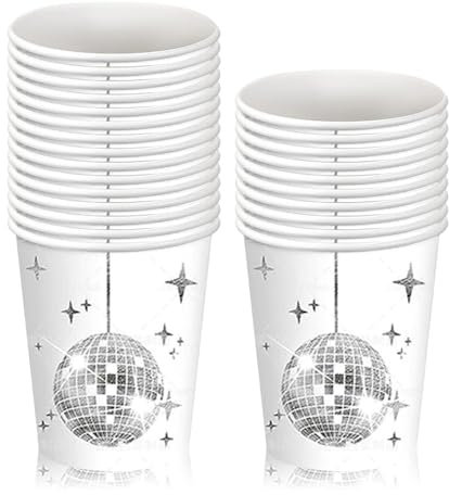 Disco Party Tableware, 25 Pcs White Silver Paper Napkins Disco Ball Cocktail Napkin Discos Partys Beverage Serviettes Napkins Disco Party Supplies for Birthday, Wedding, 70's Disco Party (Cups-W)