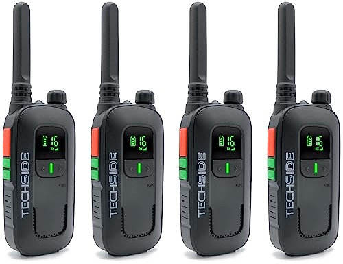 Techside TS-T2 Ricetrasmittente Professionale Walkie Talkie 16 Canali PMR446 (Libero Uso) | Vox a 5 Livelli | Scansione Automatica Canali | Auricolare e Caricatore USB Full Optional | Set 4 Pezzi